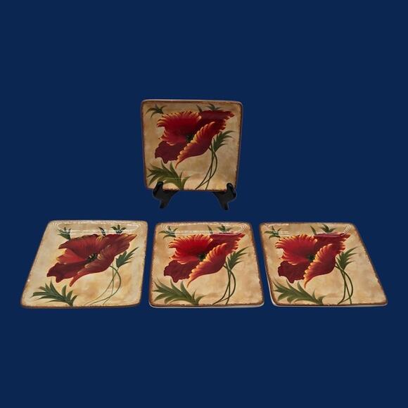 Pier 1 Imports Set/4 Poppies Hand-Painted Earthenware 6" Square Appetizer Plates - Picture 12 of 16